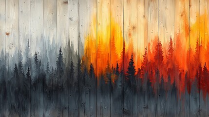 Forest fire, watercolor effect, wood paneling