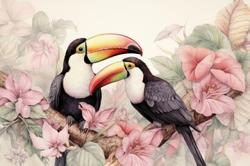 Vintage drawing 2 toucan animal sketch flower.