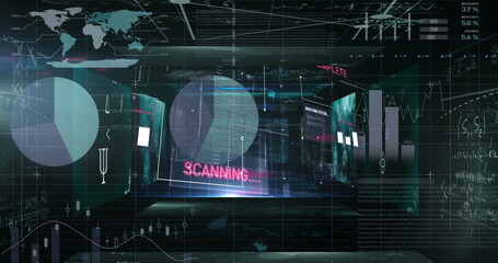 Financial data processing against mathematical equations on screens on black background