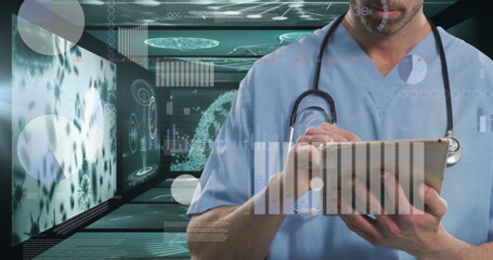 Image of medical data processing over male doctor using digital tablet