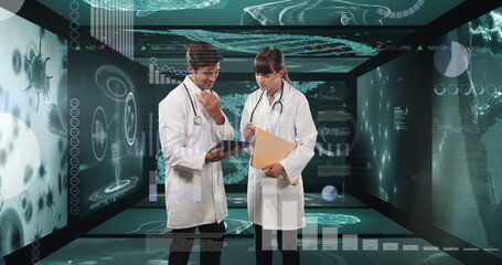 Image of medical data processing over male and female doctor using tablet