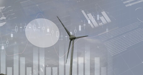 Digital image of financial data processing over windmill spinning against blue background