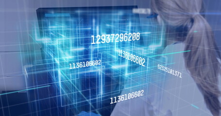 Image of numbers changing data processing against woman using computer