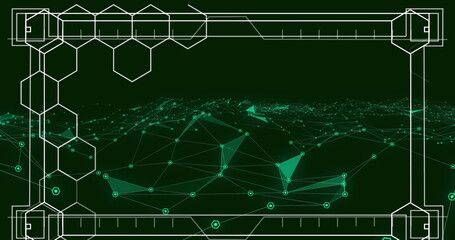Image of screen with hexagons and network of connections over green background