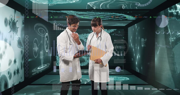 Image of medical data processing over male and female doctor using tablet