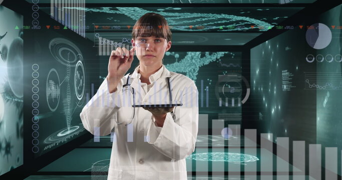 Image of medical data processing over female doctor using tablet and interactive screen