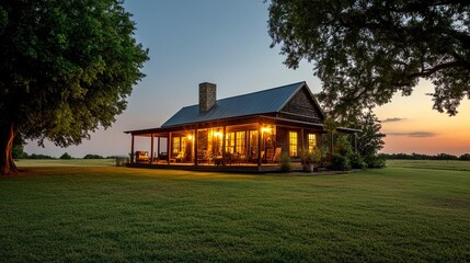 Obraz premium Cozy farmhouse-style architecture, large porch lit by soft golden lights, dusk sky transitioning to evening, clean details, inviting and serene 