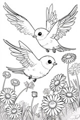 Obraz premium Romantic pair of lover birds flying over a vibrant garden filled with blooming flowers in line art for coloring animal in garden Illustration
