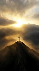 Fototapeta premium Christian cross silhouette on mountain peak at sunrise. Spiritual symbolism and faith concept. Easter, Good Friday, or Sunday service background. Copy space.