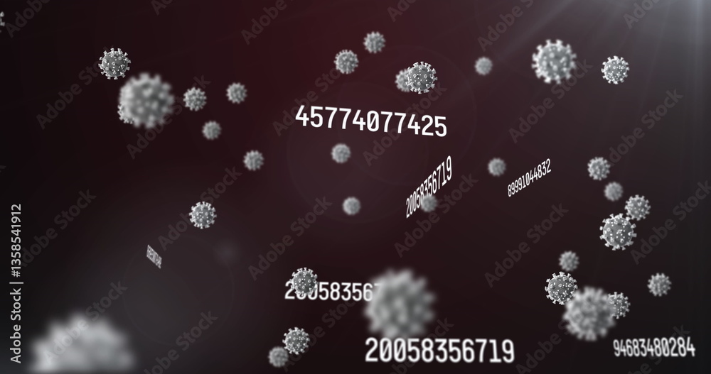 Poster digital image of multiple changing numbers floating against cells moving on purple background