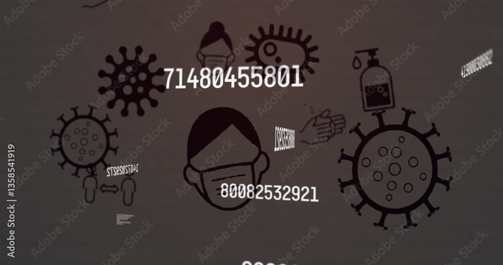 Poster digital image of multiple changing numbers floating over covid-19 concept icons on brown background