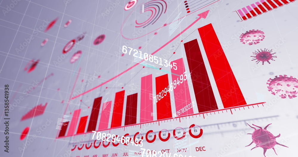 Poster image of multiple changing numbers floating against statistical data processing on grey background
