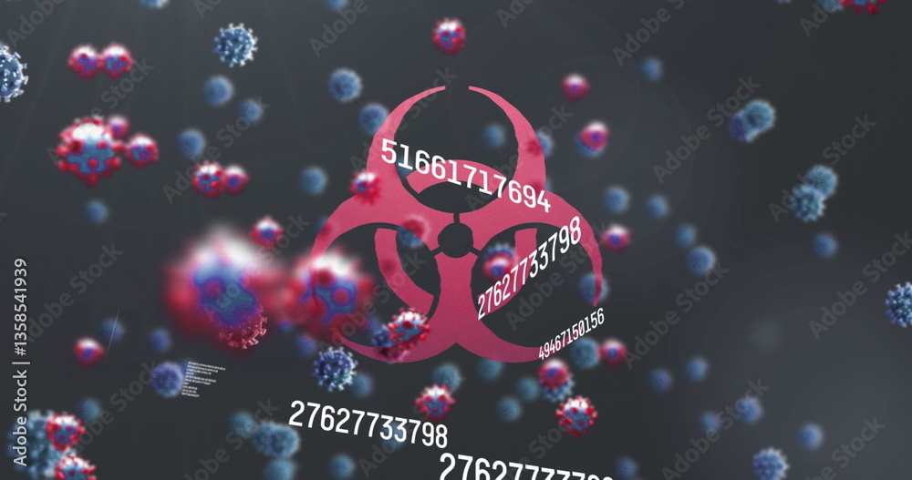 Poster digital image of multiple changing numbers floating over cells against biohazard symbol