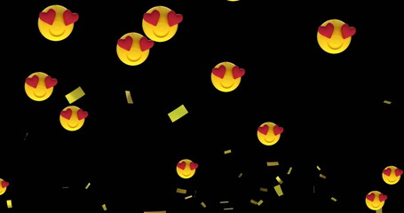 Image of gold falling over emojis with red heart eyes on black background