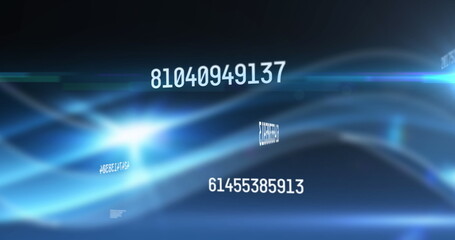 Obraz premium Image of numbers changing and data processing over glowing blue lines