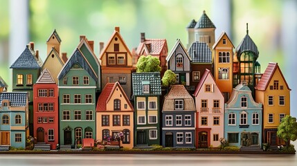 Fototapeta premium Creative stack of miniature houses, intricate designs with bright colors, studio lighting, medium-close shot for balanced detail and perspective. 