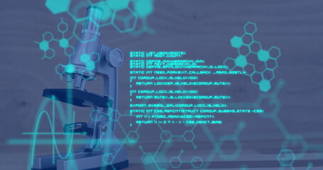 Image of medical data processing and chemical compound structures with microscope in the background