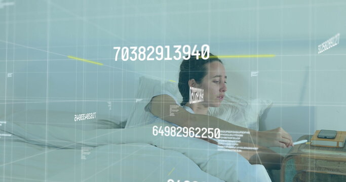 Image of multiple changing numbers floating against caucasian sick woman coughing in bed at home