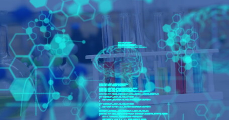 Image of medical data processing, human brain, molecules and chemical compound structures