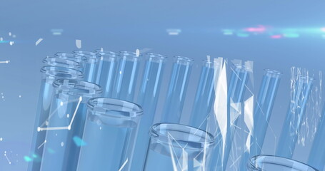 Image of white networks of connections floating against laboratory test tubes with blue liquid