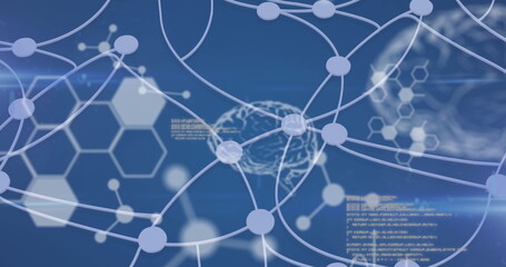 Image of medical data processing, human brain, molecules and chemical compound structures