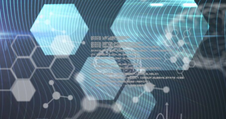 Image of medical data processing, human brain, molecules and chemical compound structures