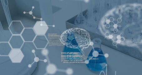 Image of data processing and human brains against beakers with blue liquid