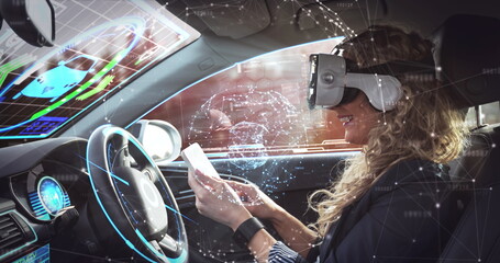 Image of network of connections over woman wearing vr headset in self driving car