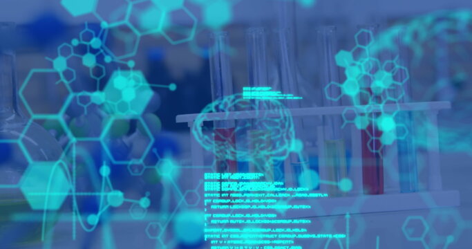 Image of medical data processing, human brain, molecules and chemical compound structures