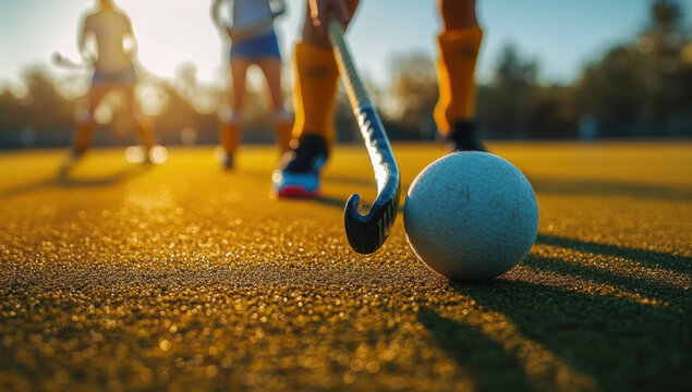 close up of hockey stick and ball on field during sunset, capturing excitement of game. vibrant colors and dynamic atmosphere enhance sporting experience
