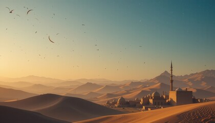 sunset in the city Eid Mubarak greeting card background