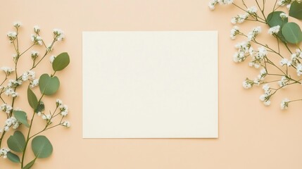 Fototapeta premium Elegant Blank Card with Delicate White Flowers and Greenery