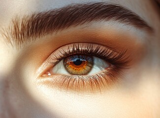 Fototapeta premium Close-up of a beautiful woman's eye with brown makeup and long eyelashes, a macro shot. Stock photo contest winner, stock photo, stock photography, professional photograph. 
