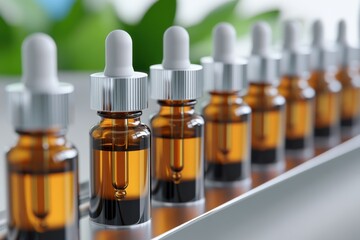 Amber dropper bottles on production line, with green foliage in the background.