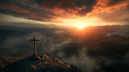 Obraz premium Christian cross on mountain peak at dramatic sunset. Spiritual landscape for Easter, Good Friday, or religious contemplation. Scenic view with copy space