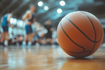 Basketball on Court with Players Practicing in Background Sports Scene