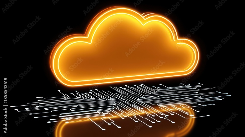 Poster glowing cloud computing network: digital data storage and technology