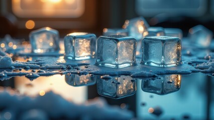 Group of melting ice cubes on glossy surface indoors with water droplets and window reflection	
