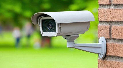 White security camera mounted on brick wall, overlooking blurred green park with people.