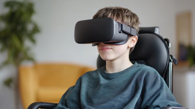 A boy in a wheelchair using a VR headset, exploring virtual reality in a home setting. - Powered by Adobe
