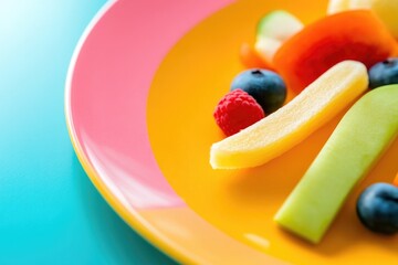 close-up of colorful plate featuring creatively arranged children meal with vibrant fruits and vegetables inviting