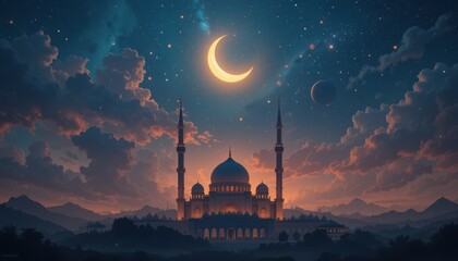 mosque at night Eid Mubarak greeting card background