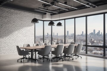 Modern conference room interior with chairs and a large table in a contemporary office setting, large windows with city view