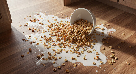 Spilled cereal and milk on wooden floor