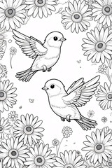 Obraz premium A pair of vibrant lover birds fluttering above blooming flowers in a beautiful garden for coloring page animal in garden Illustration