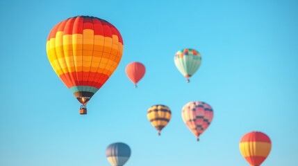 Fototapeta premium cluster of vibrant hot air balloons ascending into clear sky leaving ample space for text on right