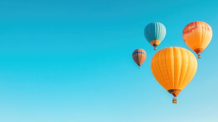 Obraz premium cluster of vibrant hot air balloons ascending into clear sky leaving ample space for text on right