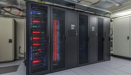 Modern Data Center Server Room with Network Equipment Racks
