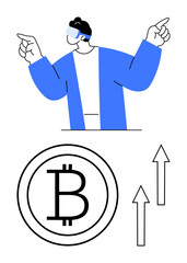 Man wearing VR headset pointing upward, large Bitcoin icon below with upward arrows. Ideal for cryptocurrency, finance, technology, investment, blockchain, innovation virtual reality. Flat simple