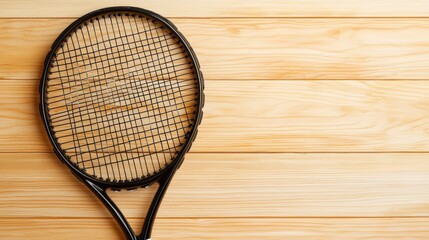 A black tennis racket rests on a light brown wooden surface providing ample copy space for text or design elements related to sports or recreation.
